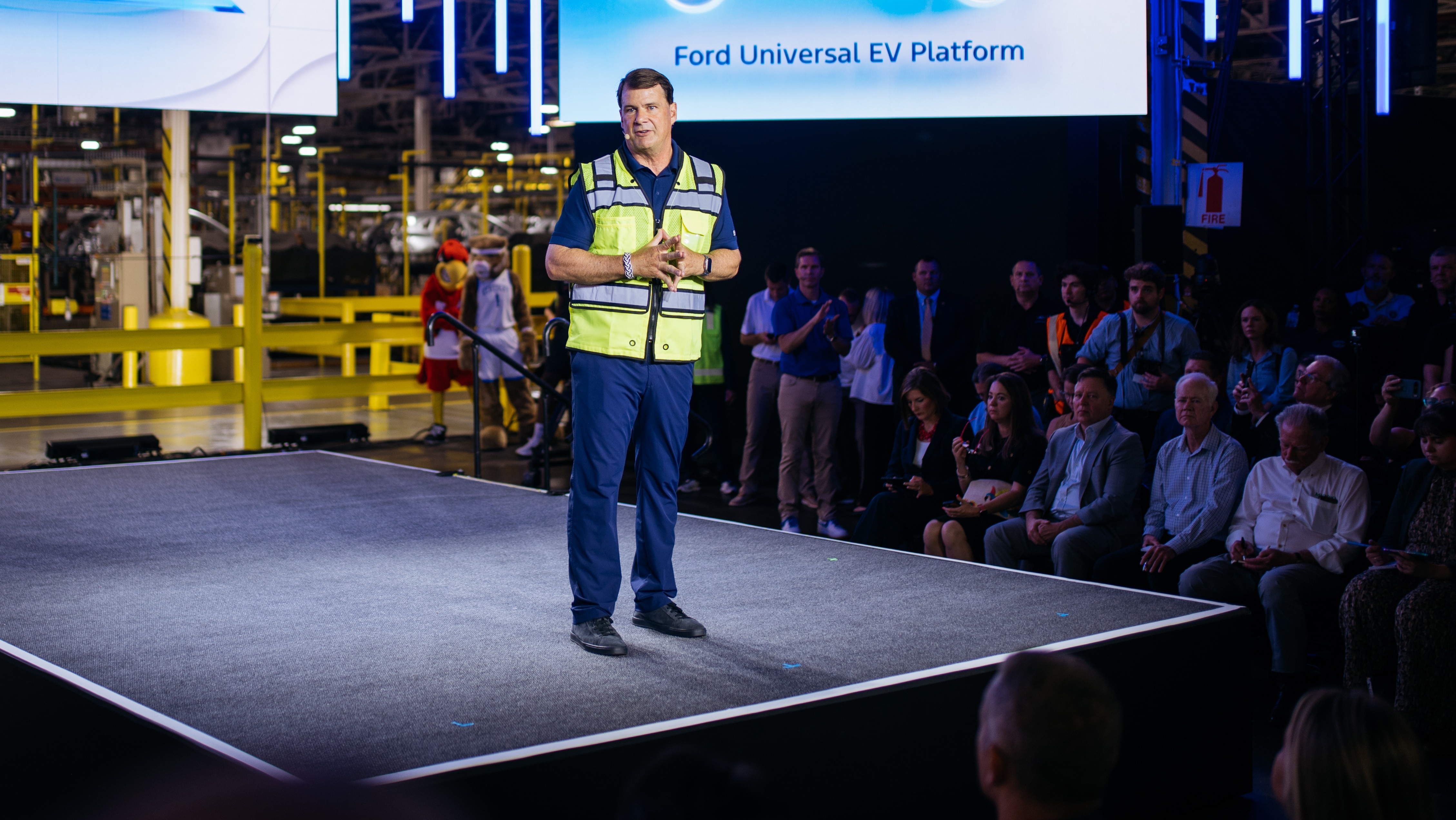 Ford President and CEO Jim Farley speaks at Louisville Assembly Plant as the company shares its plans to design and assemble breakthrough electric vehicles in America on August 11, 2025.